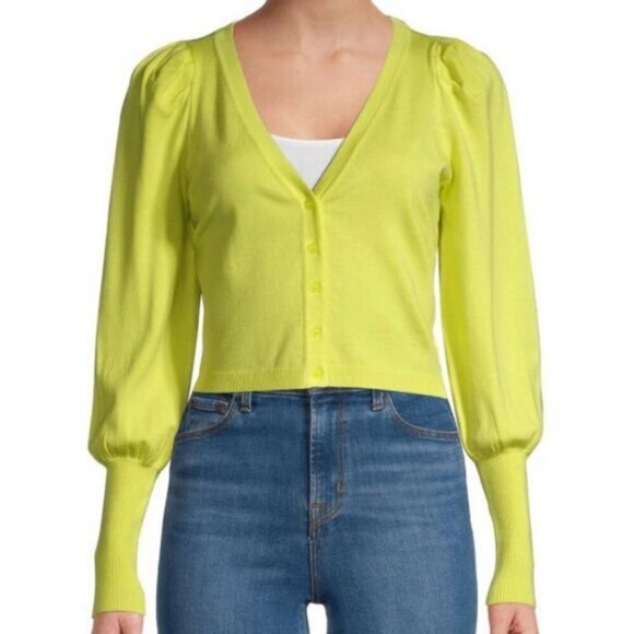 525 America Sweaters - 525 America V-Neckline Puffed-Sleeve Ribbed Cropped Cardigan Size Large